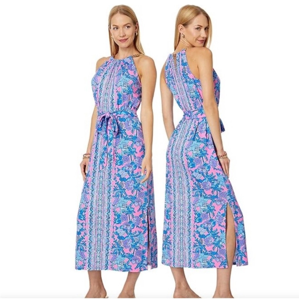 Lilly Pulitzer Bingham Chain Halter Midi Dress Soleil Pink Palm Paradise Size XS